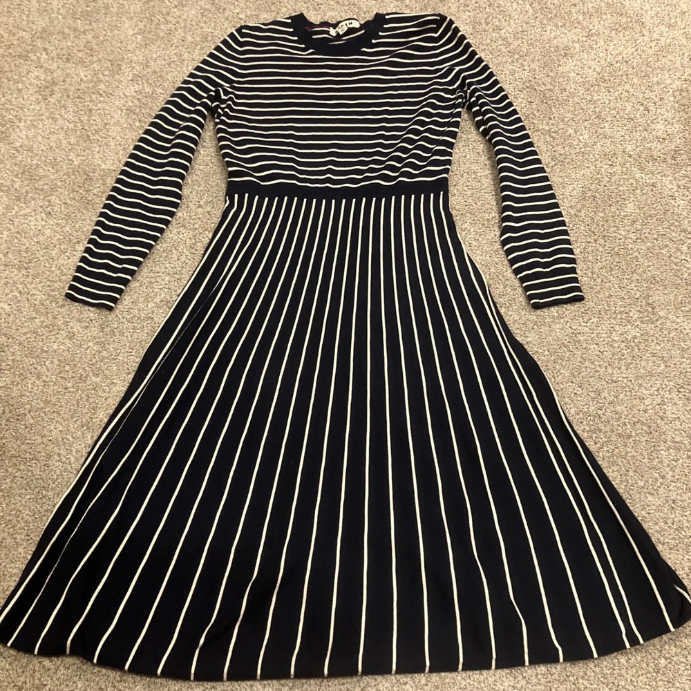 Boden Maria Knitted Midi Dress Navy White Striped Long Sleeve Flare Sweater 8P